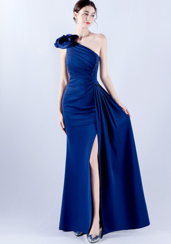 Elegant Flower Slash Shoulder Slit Evening Dress
