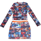Autumn Women's Fashion Printing High Waist Slim Skirt Set