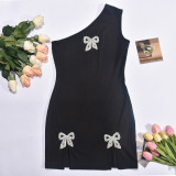 Summer Beaded Bow Slit Slash Shoulder Women Dress