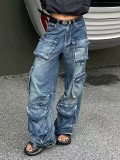 American Multi-Pocket Denim Cargo Pants Female Autumn And Winter Street Washed Wide Leg Trend Trousers