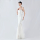 Strap Beading Mesh Sequin Evening Dress