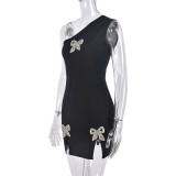 Summer Beaded Bow Slit Slash Shoulder Women Dress