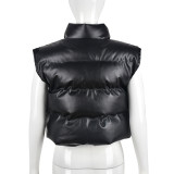 Women Winter Fashion Trend Pu Leather Cotton-Padded Vest