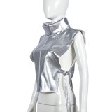 Summer Women High-Neck Sleeveless Lace-Up Pu Leather Vest