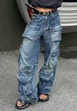 American Multi-Pocket Denim Cargo Pants Female Autumn And Winter Street Washed Wide Leg Trend Trousers