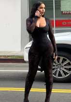 Women's Autumn And Winter U-Neck Long Sleeve Sexy Lace Slim Jumpsuit