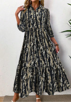 Printed Slim Waist Turndown Collar Long Sleeve Button Dress