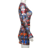 Autumn Women's Fashion Printing High Waist Slim Skirt Set