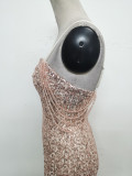Strap Beading Mesh Sequin Evening Dress