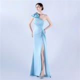 Elegant Flower Slash Shoulder Slit Evening Dress