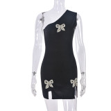 Summer Beaded Bow Slit Slash Shoulder Women Dress