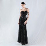 Strap Beading Mesh Sequin Evening Dress