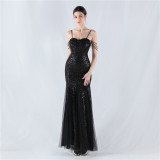 Strap Beading Mesh Sequin Evening Dress