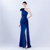 Elegant Flower Slash Shoulder Slit Evening Dress
