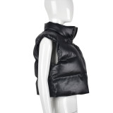 Women Winter Fashion Trend Pu Leather Cotton-Padded Vest