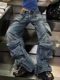 American Multi-Pocket Denim Cargo Pants Female Autumn And Winter Street Washed Wide Leg Trend Trousers