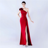 Elegant Flower Slash Shoulder Slit Evening Dress