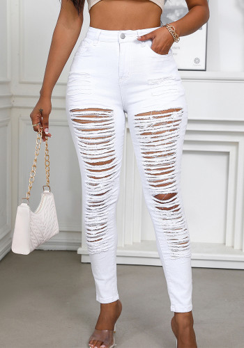 Women Solid Color Stretch Ripped Denim Pants