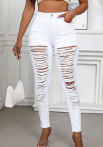 Women Solid Color Stretch Ripped Denim Pants Women Solid Color Stretch Ripped Denim Pants