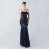 Strap Beading Mesh Sequin Evening Dress