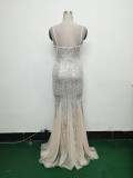 Strap Beading Mesh Sequin Evening Dress