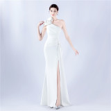 Elegant Flower Slash Shoulder Slit Evening Dress