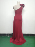 Elegant Flower Slash Shoulder Slit Evening Dress