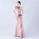Elegant Flower Slash Shoulder Slit Evening Dress