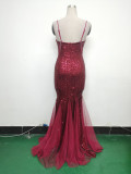 Strap Beading Mesh Sequin Evening Dress