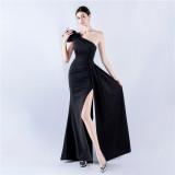 Elegant Flower Slash Shoulder Slit Evening Dress
