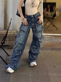 American Multi-Pocket Denim Cargo Pants Female Autumn And Winter Street Washed Wide Leg Trend Trousers