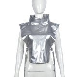 Summer Women High-Neck Sleeveless Lace-Up Pu Leather Vest