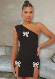 Summer Beaded Bow Slit Slash Shoulder Women Dress
