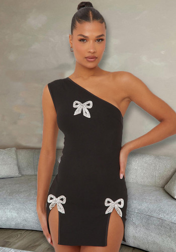 Summer Beaded Bow Slit Slash Shoulder Women Dress