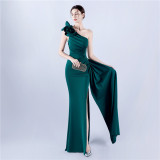 Elegant Flower Slash Shoulder Slit Evening Dress