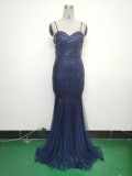 Strap Beading Mesh Sequin Evening Dress