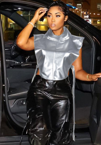 Summer Women High-Neck Sleeveless Lace-Up Pu Leather Vest