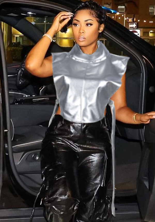 Summer Women High-Neck Sleeveless Lace-Up Pu Leather Vest