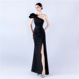 Elegant Flower Slash Shoulder Slit Evening Dress