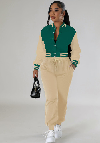 Women's Fashion Contrast Color Baseball Jacket Pants Two-Piece Set