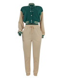 Women's Fashion Contrast Color Baseball Jacket Pants Two-Piece Set