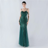 Strap Beading Mesh Sequin Evening Dress