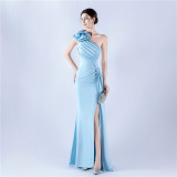 Elegant Flower Slash Shoulder Slit Evening Dress