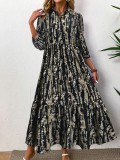 Printed Slim Waist Turndown Collar Long Sleeve Button Dress