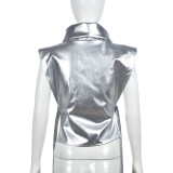 Summer Women High-Neck Sleeveless Lace-Up Pu Leather Vest