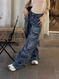 American Multi-Pocket Denim Cargo Pants Female Autumn And Winter Street Washed Wide Leg Trend Trousers