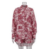 Women retro shirt suspender shorts Paint Print Three-Piece