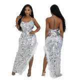 Women sexy suspender sequin irregular dress