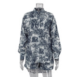 Women retro shirt suspender shorts Paint Print Three-Piece