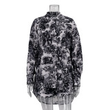 Women retro shirt suspender shorts Paint Print Three-Piece